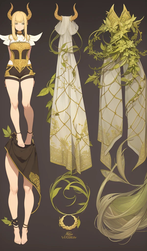 sketch (Character Design Sheet, Same characters, whole body, Three-species, Front, ~ ~ ~ side, come back),(Very bright:1.1), White background, [1 girl:7], (tilted his head:1.2), ([sketch|watercolor \(Temperate\)]:1.15),whole body, Yellow medieval summer girl, concept, vines on the hand and horns from the vines, full length, whole body, magic hunter, white shorts, SFV