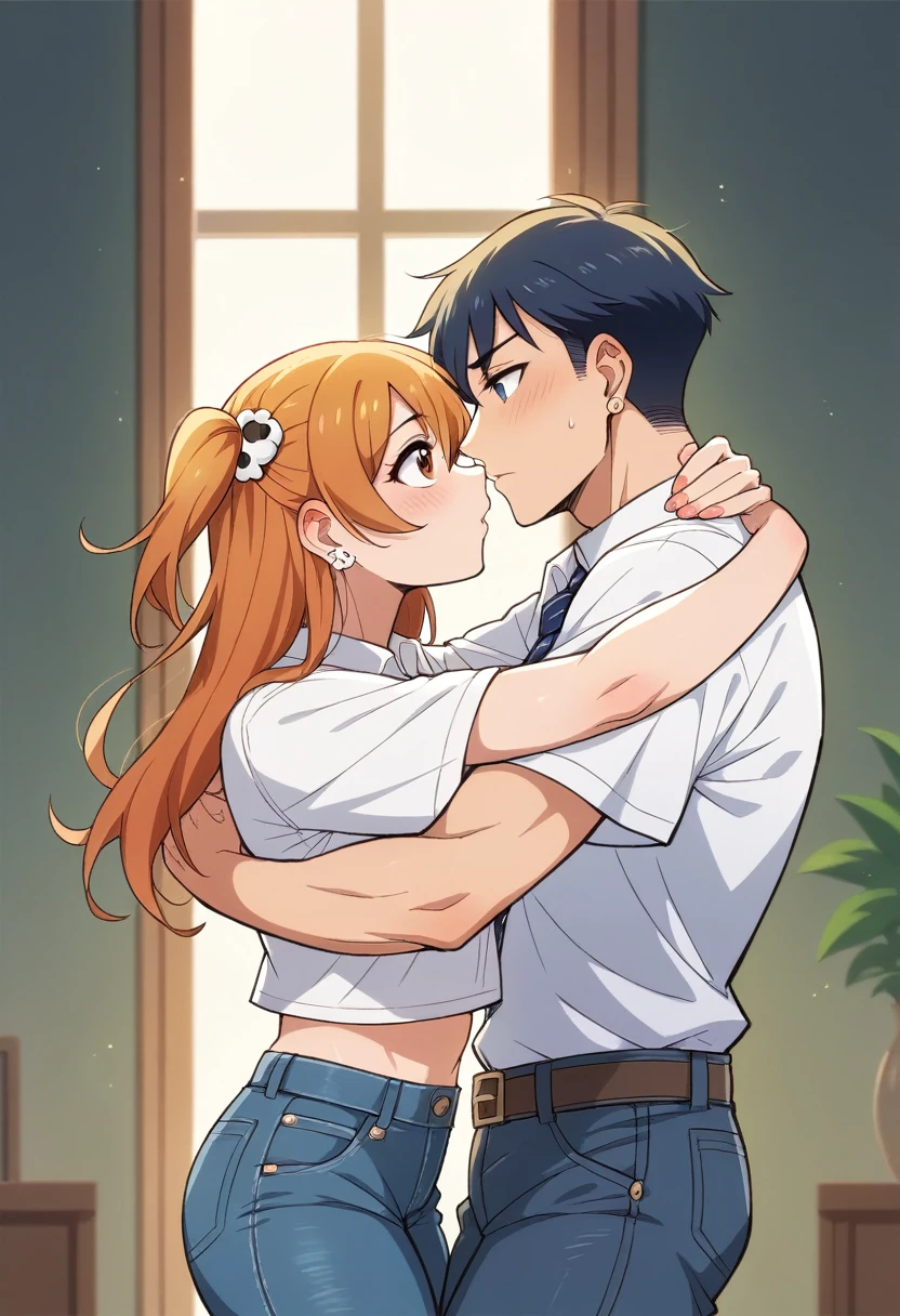 (Masterpiece, Best Quality, High Quality), professional artwork, well drawn, Intricate Details,(((a tall boy and a girl looking at each other))),eye contact,Kousaka honoka, room, earring, t-shirt, midriff peek, denim pants, facing each other, after kiss, curvy hip, blue ,hug