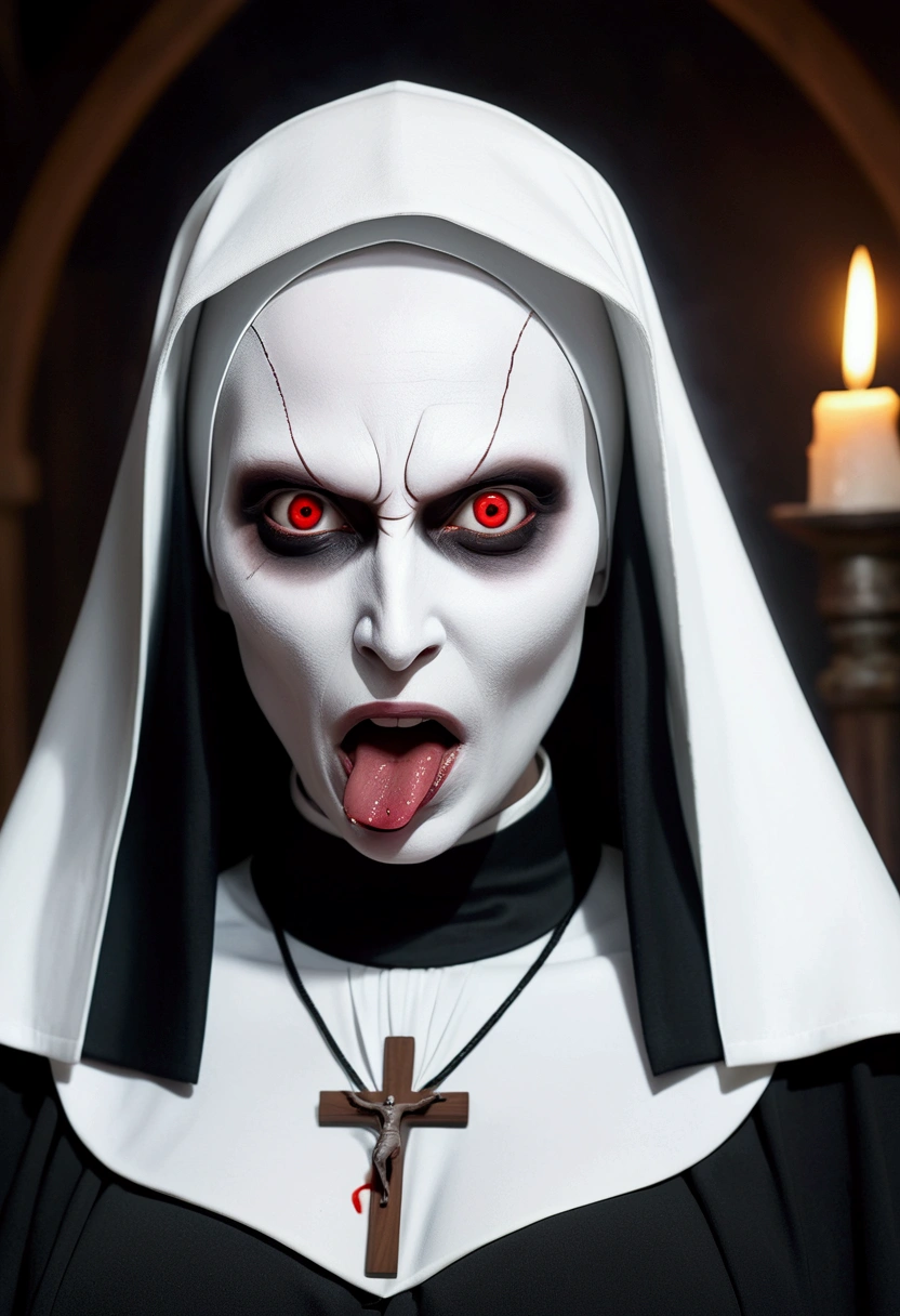Creepy SEXY bonnie aarons valak, Sexy Valak, Valak Huge BREAST, Bonnie Aarons the body is wet with a transparent white and viscous liquid, sticking his tongue out with an erotic facial expression, Fat Vaginal, The nun, Red Eye, Very Long Tongue, Sperm in mouth, Cum In Mouth, Sperm