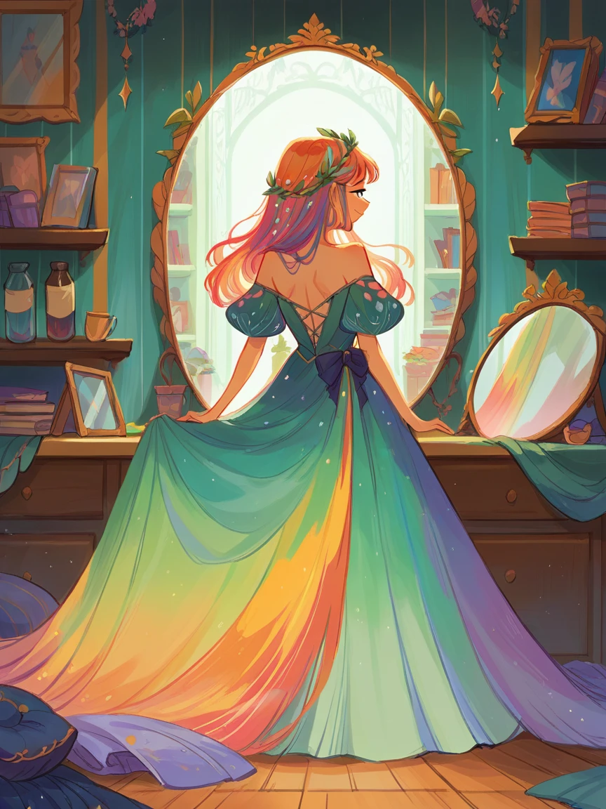 score_9, score_8_up, score_7_up, score_6_up, fairytale den filled with clothes’ racks full of vintage dresses, shelves with antique jewelry, a mirror, a bed, very light and colorful
