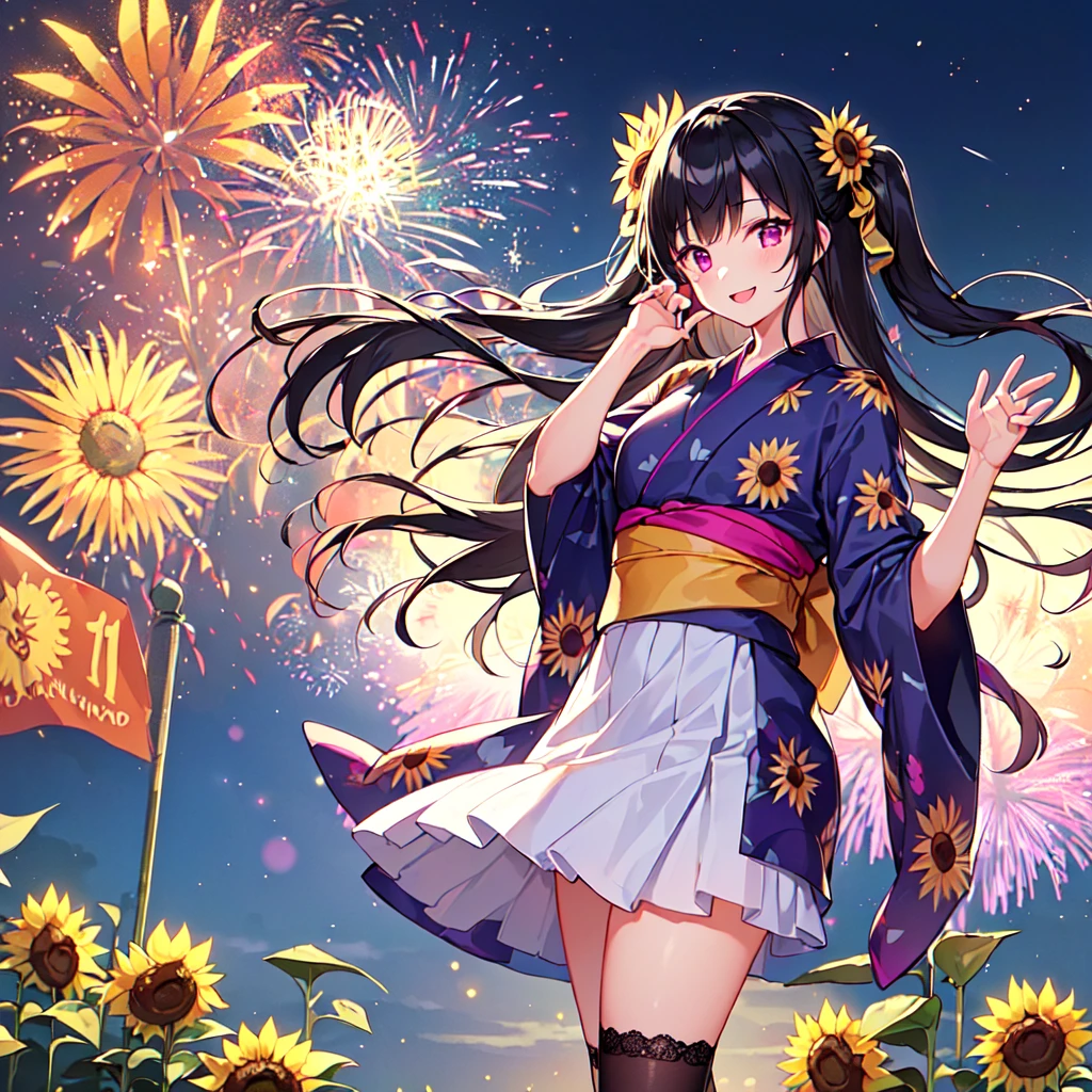 masterpiece, best quality, high quality, extremely detailed, very delicate and beautiful, (1 female 18 years old solo:1.5), (long black hair up to waist with two side up:1.5), bangs to eyebrows, eyes Eyebrows are glossy, (eye color: magenta:1.3), 6.5 head height, (yukata with fireworks print: 1.3), knee socks, lace, frills, (smiling), (standing: 1.3), (smiling), (dynamic pose), (background sunflower field: 1.3), (night with lots of fireworks: 1.3)