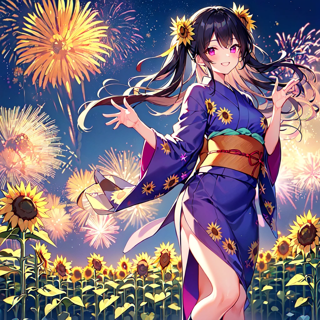 masterpiece, best quality, high quality, extremely detailed, very delicate and beautiful, (1 female 18 years old solo:1.5), (long black hair up to waist with two side up:1.5), bangs to eyebrows, eyes Eyebrows are glossy, (eye color: magenta:1.3), 6.5 head height, (yukata with fireworks print: 1.3), knee socks, lace, frills, (smiling), (standing: 1.3), (smiling), (dynamic pose), (background sunflower field: 1.3), (night with lots of fireworks: 1.3)