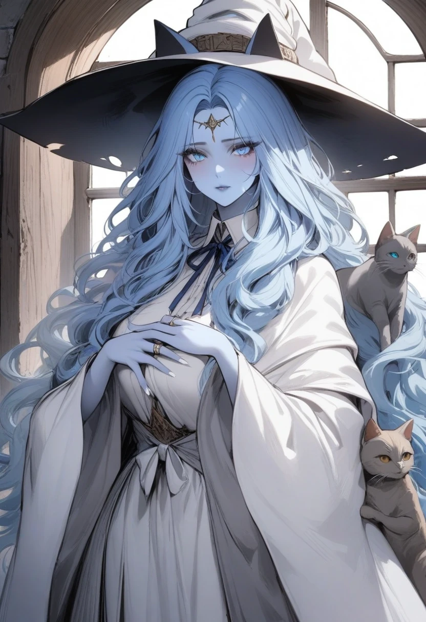 masterpiece, best quality, very aesthetic, absurdres, 1girl, mature_lady, looking at cat, a cat on her head,upper body,ranni_the_witch, elden_ring, blue_eyes, blue_hair, blue_skin, colored_skin, (4arms:1.2), doll_joints, medium_hair, wavy_hair, white_hat, witch_hat, white_nails, fur_cloak, grey_cloak, robe, white_robe, wide_sleeves, neck_ribbon, ribbon, jewelry, ring,beside window,floating_hair