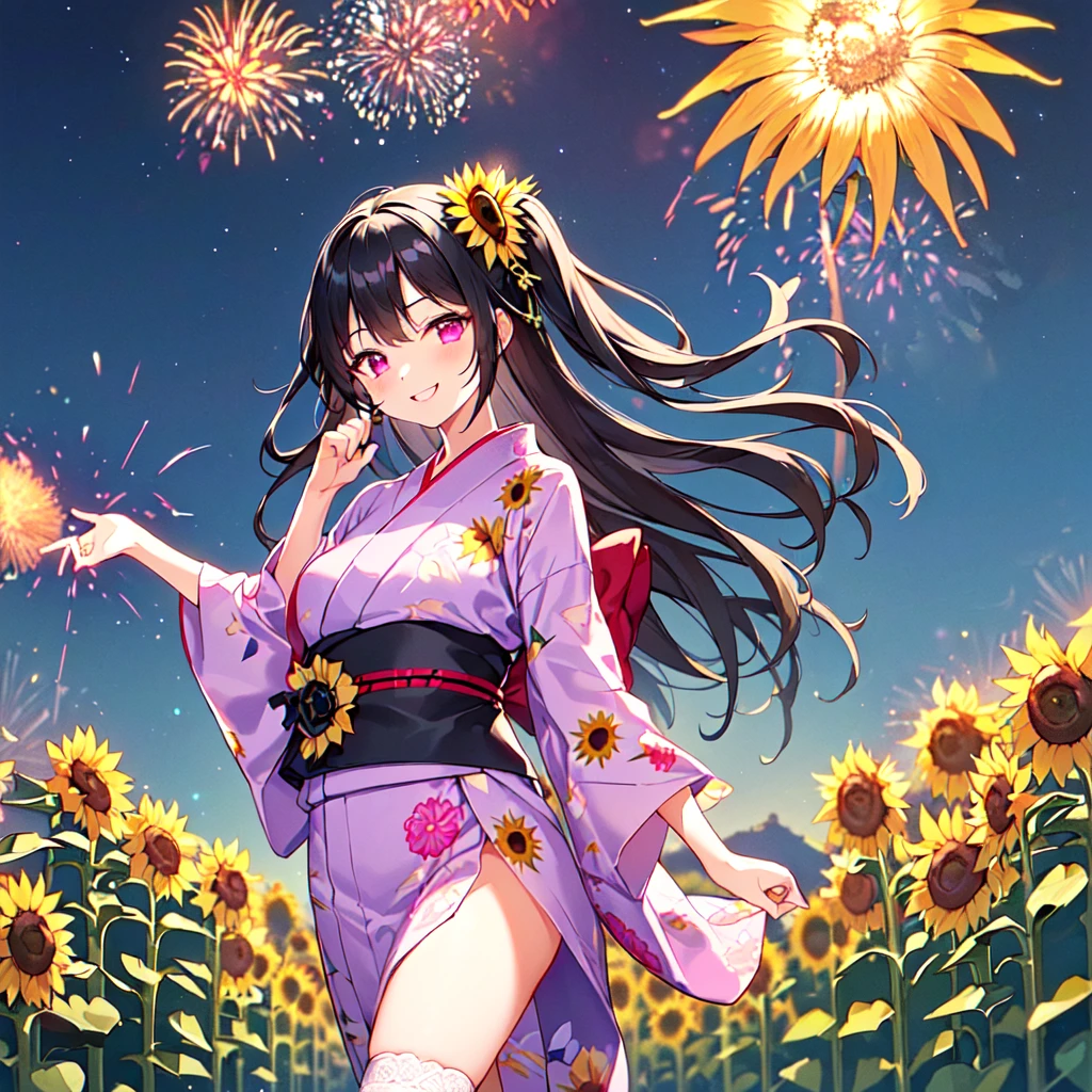 masterpiece, best quality, high quality, extremely detailed, very delicate and beautiful, (1 female 18 years old solo:1.5), (long black hair up to waist with two side up:1.5), bangs to eyebrows, eyes Eyebrows are glossy, (eye color: magenta:1.3), 6.5 head height, (yukata with fireworks print: 1.3), knee socks, lace, frills, (smiling), (standing: 1.3), (smiling), (dynamic pose), (background sunflower field: 1.3), (night with lots of fireworks: 1.3)
