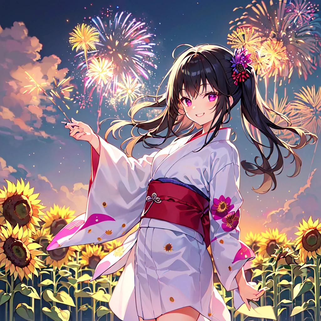 masterpiece, best quality, high quality, extremely detailed, very delicate and beautiful, (1 female 18 years old solo:1.5), (long black hair up to waist with two side up:1.5), bangs to eyebrows, eyes Eyebrows are glossy, (eye color: magenta:1.3), 6.5 head height, (yukata with fireworks print: 1.3), knee socks, lace, frills, (smiling), (standing: 1.3), (smiling), (dynamic pose), (background sunflower field: 1.3), (night with lots of fireworks: 1.3)