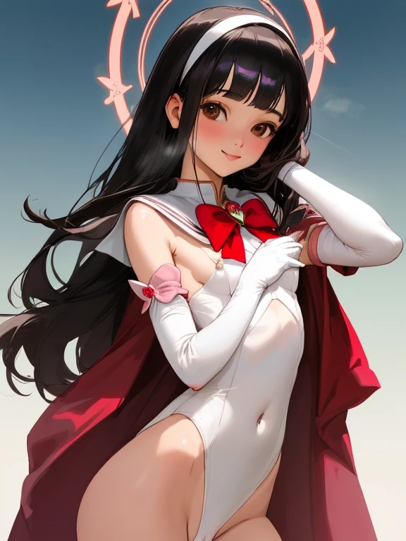 ((nsfw)),{{{{amazing quality, great quality, high quality, very aesthetic, aesthetic, best quality}}}},
realistic, photo, shadow, Three-dimensional, absurdres, Digital art,
{{{{Magical girl}}}}, beautiful girl, one girl,
black hair, long straight hair, hair, trimmed hair, shiny hair, blunt bangs, short sideburns,
brown eyes, tareme,
{{flat chest}}, {{small breasts}}, {{detailed body}}, slim thighs, thin thighs,
{{white leotard}, {leotard peek}}, {{pink sailor collar}}, {{pink elbow_gloves}}, {{red boots}},
ribbon trim, red bow tie, heart brooch, thigh strap, white headband, white circlet,
both shoulders expose, covered navel,
{{magic circle}},
A big smile, upper body, sky blue cloak,