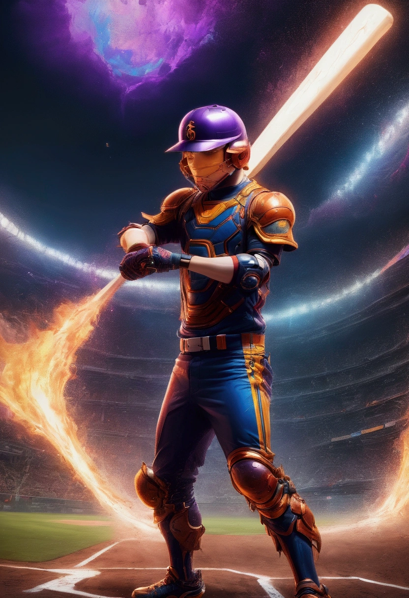 1boy, baseball player, batting stance, (alien dressed as a baseball player, batting) a masterpiece, 8k resolution, dark fantasy concept art, by Greg Rutkowski, dynamic lighting, hyperdetailed, intricately detailed, Splash screen art, trending on Artstation, deep color, Unreal Engine, volumetric lighting, Alphonse Mucha, Jordan Grimmer, purple and yellow complementary colours, masterpiece, best quality, very aesthetic, absurdres