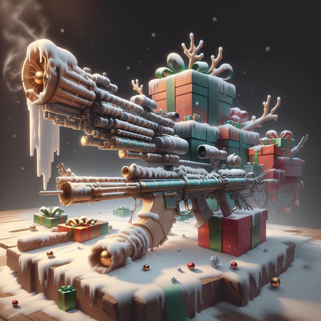 scifi, XmasTech,
 (rifle on table) , (simple background:1.3), , product commercial,