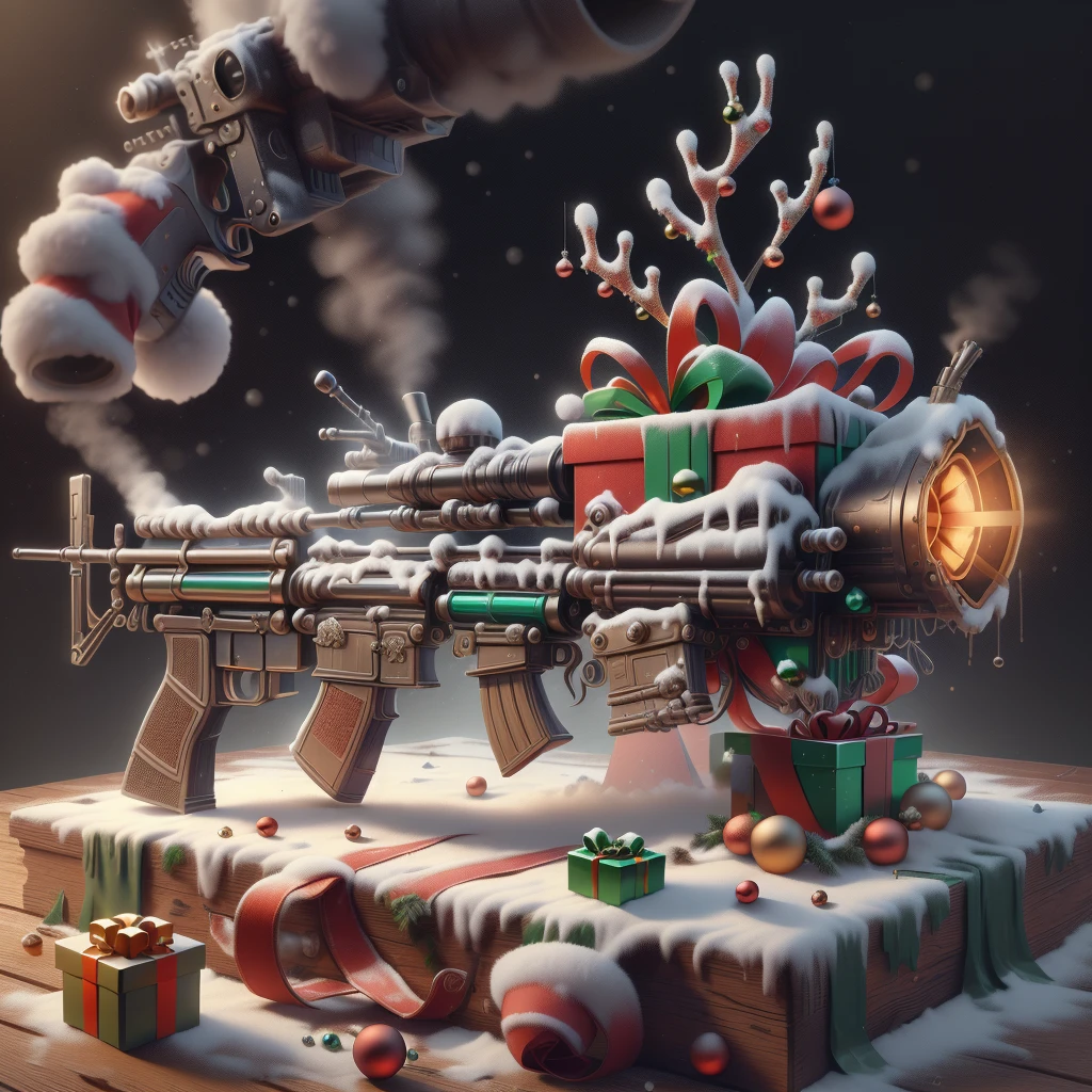 scifi, XmasTech,
 (rifle on table) , (simple background:1.3), , product commercial,