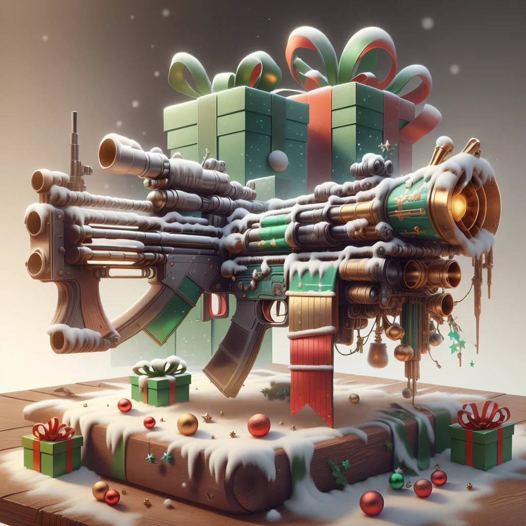 scifi, XmasTech,
 (rifle on table) , (simple background:1.3), , product commercial,