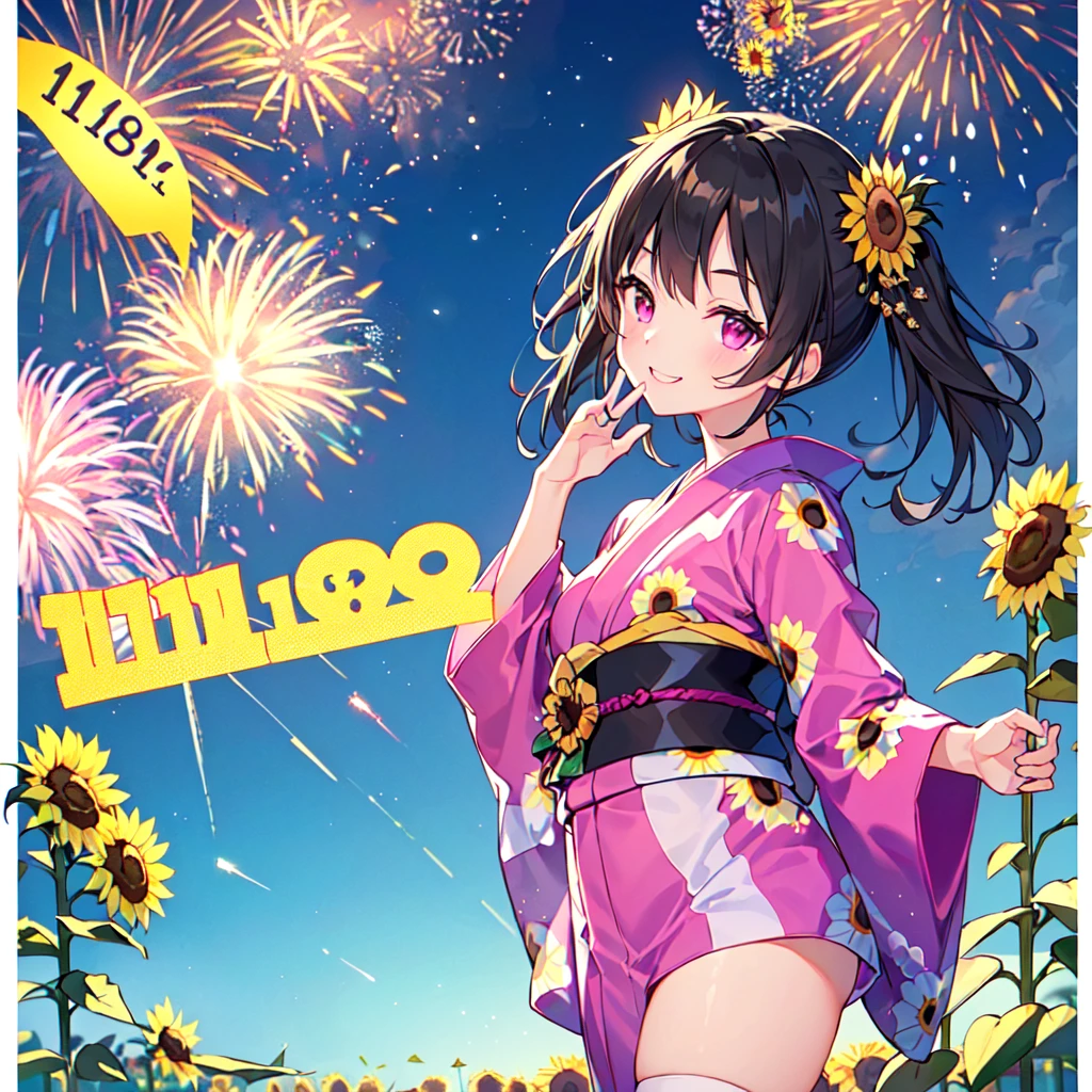 masterpiece, best quality, high quality, extremely detailed, very delicate and beautiful, (1 female 18 years old solo:1.5), (long black hair up to waist with two side up:1.5), bangs to eyebrows, eyes Eyebrows are glossy, (eye color: magenta:1.3), 6.5 head height, (yukata with fireworks print: 1.3), knee socks, lace, frills, (smiling), (standing: 1.3), (smiling), (dynamic pose), (background sunflower field: 1.3), (night with lots of fireworks: 1.3)