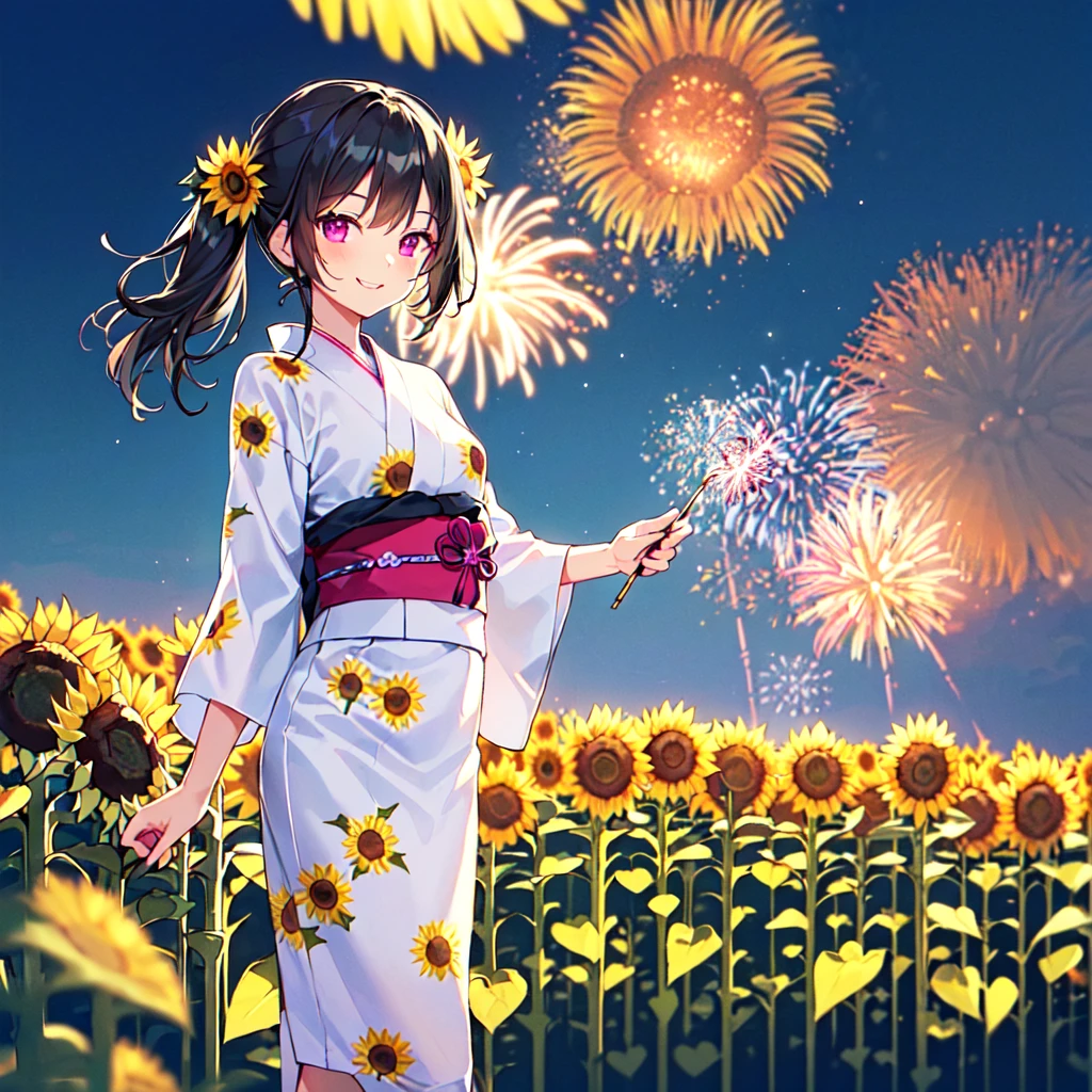 masterpiece, best quality, high quality, extremely detailed, very delicate and beautiful, (1 female 18 years old solo:1.5), (long black hair up to waist with two side up:1.5), bangs to eyebrows, eyes Eyebrows are glossy, (eye color: magenta:1.3), 6.5 head height, (yukata with fireworks print: 1.3), knee socks, lace, frills, (smiling), (standing: 1.3), (smiling), (dynamic pose), (background sunflower field: 1.3), (night with lots of fireworks: 1.3)