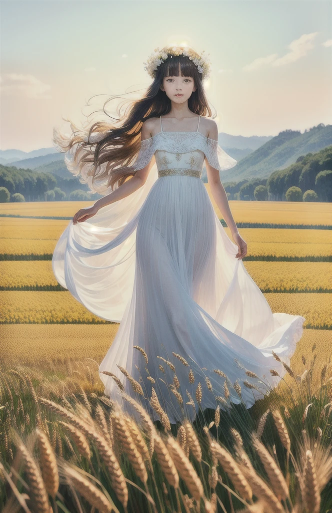 work of art, best qualityer, ultra high resolution, detailded illustration, portraite, detailded, 1 girl standing in the wheat field, standing alone, long hair, don, flowers, white hanfu, ssmile, whole body, white flowers, bared shoulders, very long hair, water hair, cloused mouth, front viewer, bangss,