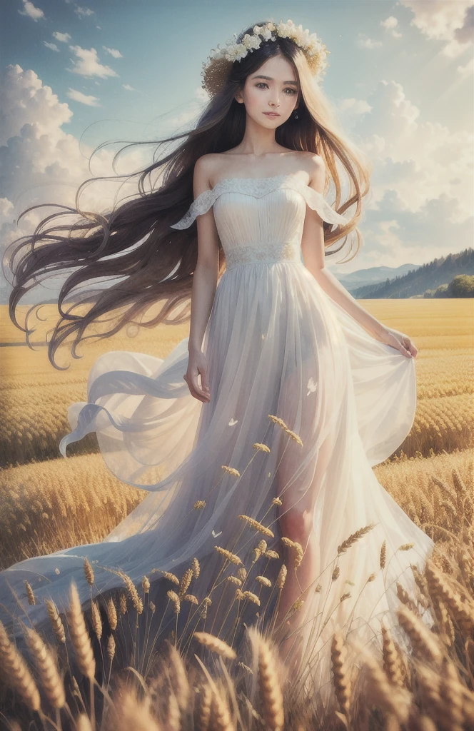 work of art, best qualityer, ultra high resolution, detailded illustration, portraite, detailded, 1 girl standing in the wheat field, standing alone, long hair, don, flowers, white hanfu, ssmile, whole body, white flowers, bared shoulders, very long hair, water hair, cloused mouth, front viewer, bangss,