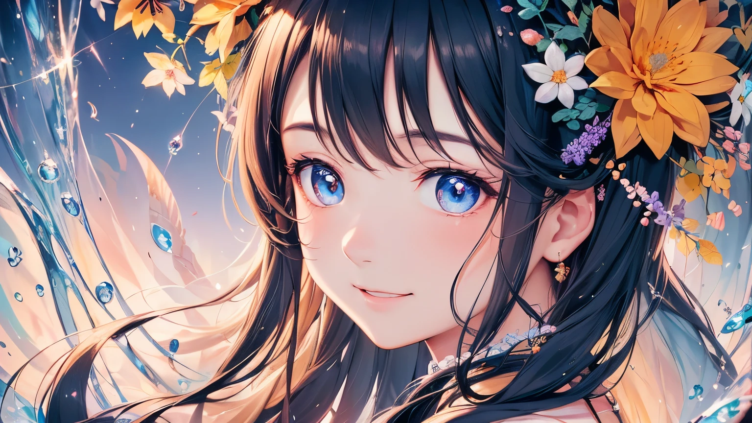 Background overflowing with many flowers、Close up portrait of smiling woman looking back。There are also many flowers in the hair of the braid。Cute illustrations full of happiness、Floral background、Extremely high quality、high-level image quality、Extremely delicate drawing。Rarely seen workmanship
