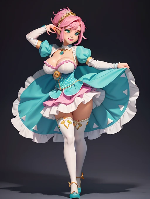 Princess Zelda, wearing white clown costume with colored polka dots, extremely sensual, tight on the body, clown makeup on the face, exaggeratedly large breasts, very sensual body, looking at the viewer, smiling, doing sensual pose, very short pink mohawk hair, sparkling green eyes, amusement park, is daytime, crowded, full, multiple people with different ethnicities in the park, toys, (((full body))), 16k, UHD, Better quality, better resolution, better detail