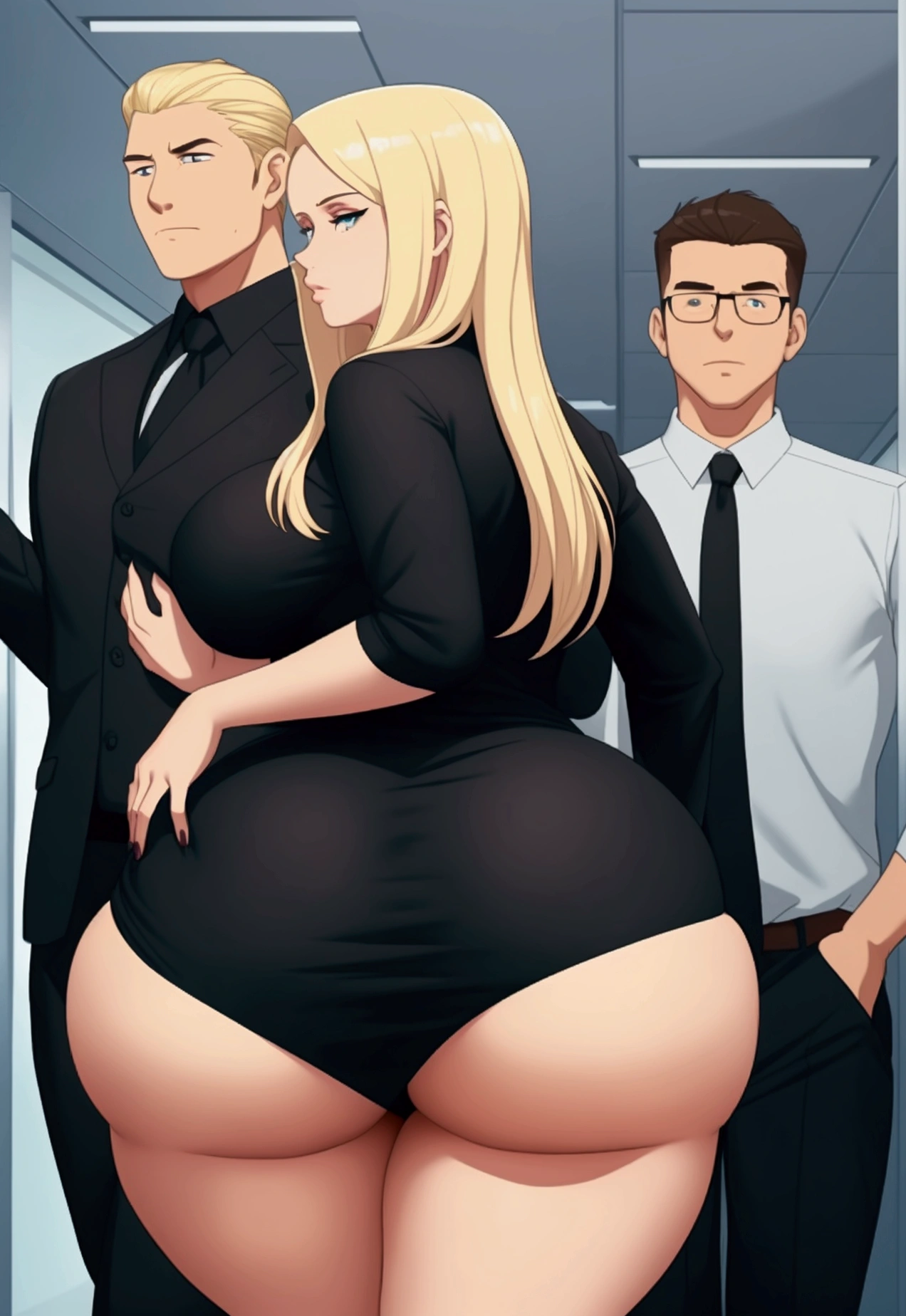 A close-up of just the woman's big ass. In an office environment. A woman with blonde hair and wide hips, and a big thick ass is wearing a tight black dress. She is walking beside a man in a suite. The man is groping, squeezing, and grabbing her big ass.