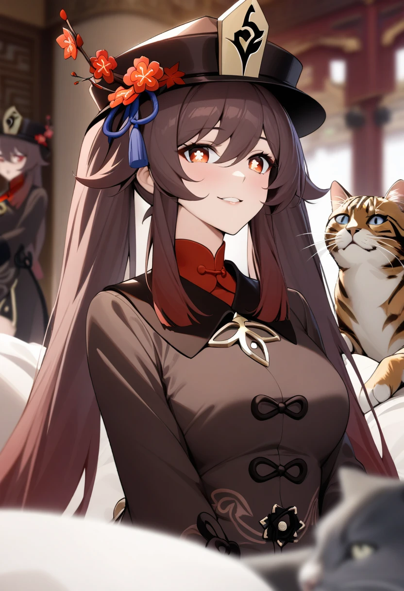 masterpiece, best quality, very aesthetic, absurdres, 1girl, mature_lady, looking at cat, big cat lying on her head,upper body,hu_tao(genshin impact),hu tao, long brown hair, red eyes, twin tails, hat, Chinese clothing,,in a palace,blur background,background defocus