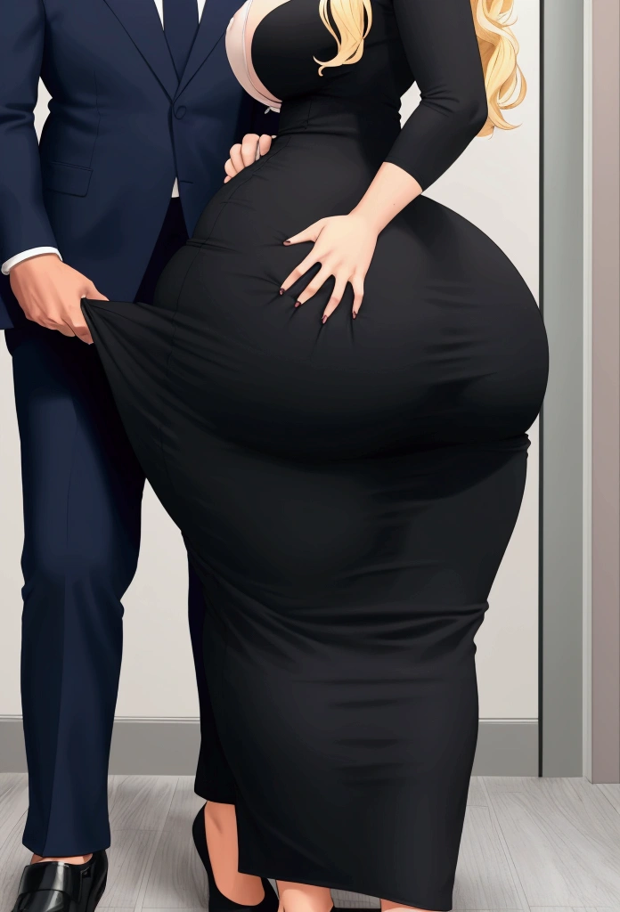 A close-up of just the woman's big ass. In an office environment. A woman with blonde hair and wide hips, and a big thick ass is wearing a tight black dress. She is walking beside a man in a suite. The man is groping, squeezing, and grabbing her big ass.