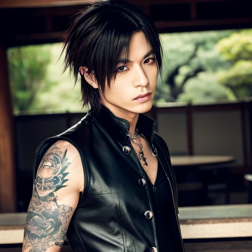 1 japanese male rocker, asien eyes, Visual Kai hairstyle, ultra detailed face and body, hyperrealistic, realistic representation, muscular, broad shoulders, tattoos gothic style, Visual Kei style, hairstyle Visual Kei, blond, 40 years old, age 40 outfit gothic streampunk, men's shirt and black pants, Asian eyes, eyes Asian, long hair, long hair