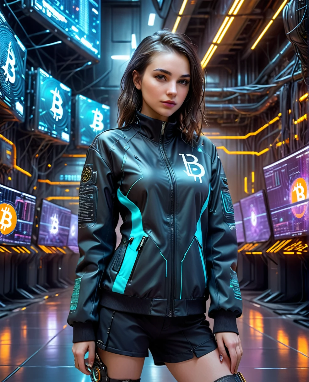 A pretty girl in cyberpunk jacket in a futuristic financial trading hall with high-tech miners mining Bitcoin, the Bitcoin symbol in a technological and electronic scenario, cyberpunk and futuristic, Science fiction, hightech, photo realist, best qualityer