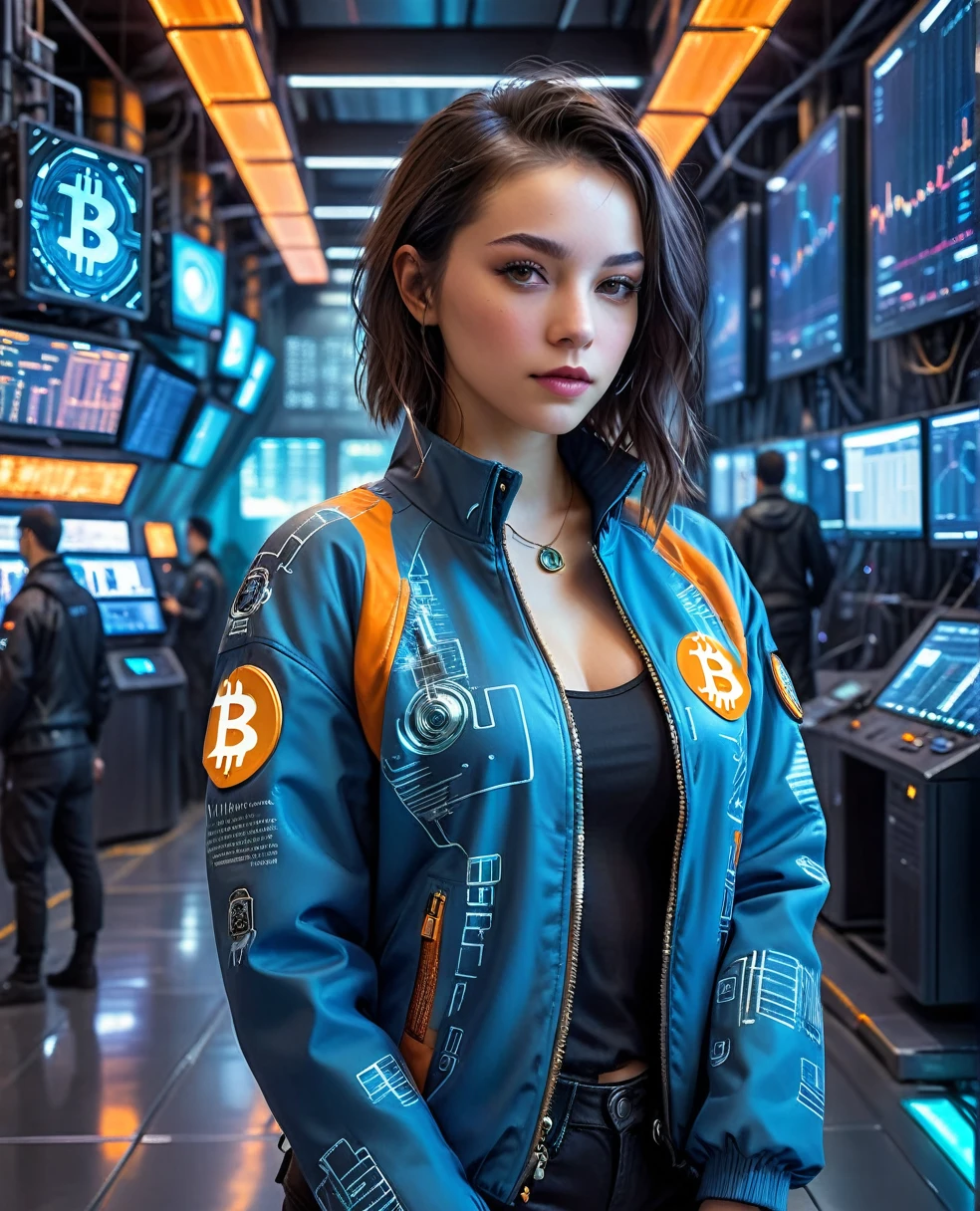 A pretty girl in cyberpunk jacket in a futuristic financial trading hall with high-tech miners mining Bitcoin, the Bitcoin symbol in a technological and electronic scenario, cyberpunk and futuristic, Science fiction, hightech, photo realist, best qualityer