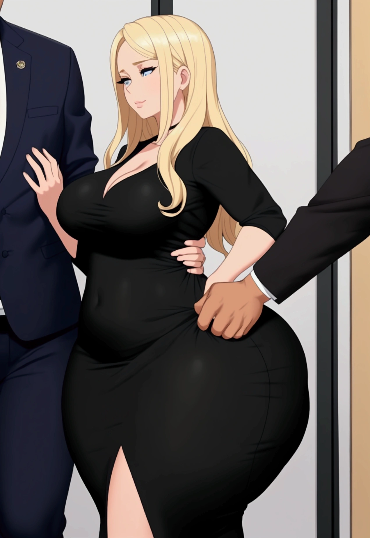 A close-up of just the woman's big ass. In an office environment. A woman with blonde hair and wide hips, and a big thick ass is wearing a tight black dress. She is walking beside a man in a suite. The man is groping, squeezing, and grabbing her big ass.