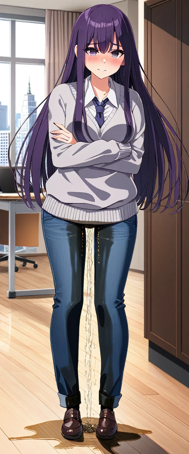 (masterpiece:1.37), best quality, (extremely detailed:1.37), (1girl:1.5), woman, (mature:1.5), (adult:1.5), large breasts, very long hair, (straight hair:1.5), (very dark purple hair:1.5), purple eyes, (extremely detailed eyes:1.37), hoodie, jeans, desperation, (wetting self:2.0), standing, embarrassed, humiliation, blushing, angry, (crossed arms:1.5), office, indoors, window, cityscape, full body