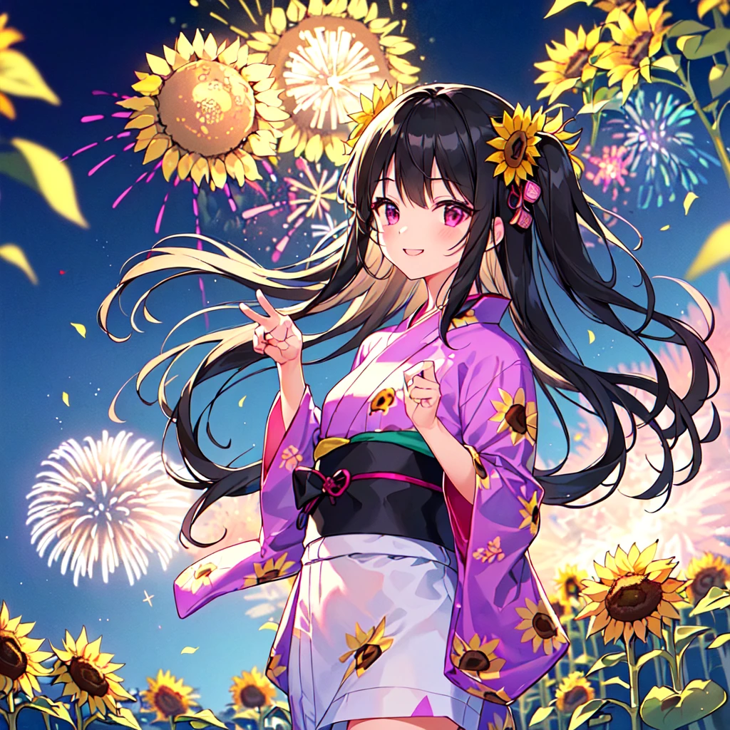 masterpiece, best quality, high quality, extremely detailed, very delicate and beautiful, (1 female 18 years old solo:1.5), (long black hair up to waist with two side up:1.5), bangs to eyebrows, eyes Eyebrows are glossy, (eye color: magenta:1.3), 6.5 head height, (yukata with fireworks print: 1.3), knee socks, lace, frills, (smiling), (standing: 1.3), (smiling), (dynamic pose), (background sunflower field: 1.3), (night with lots of fireworks: 1.3)