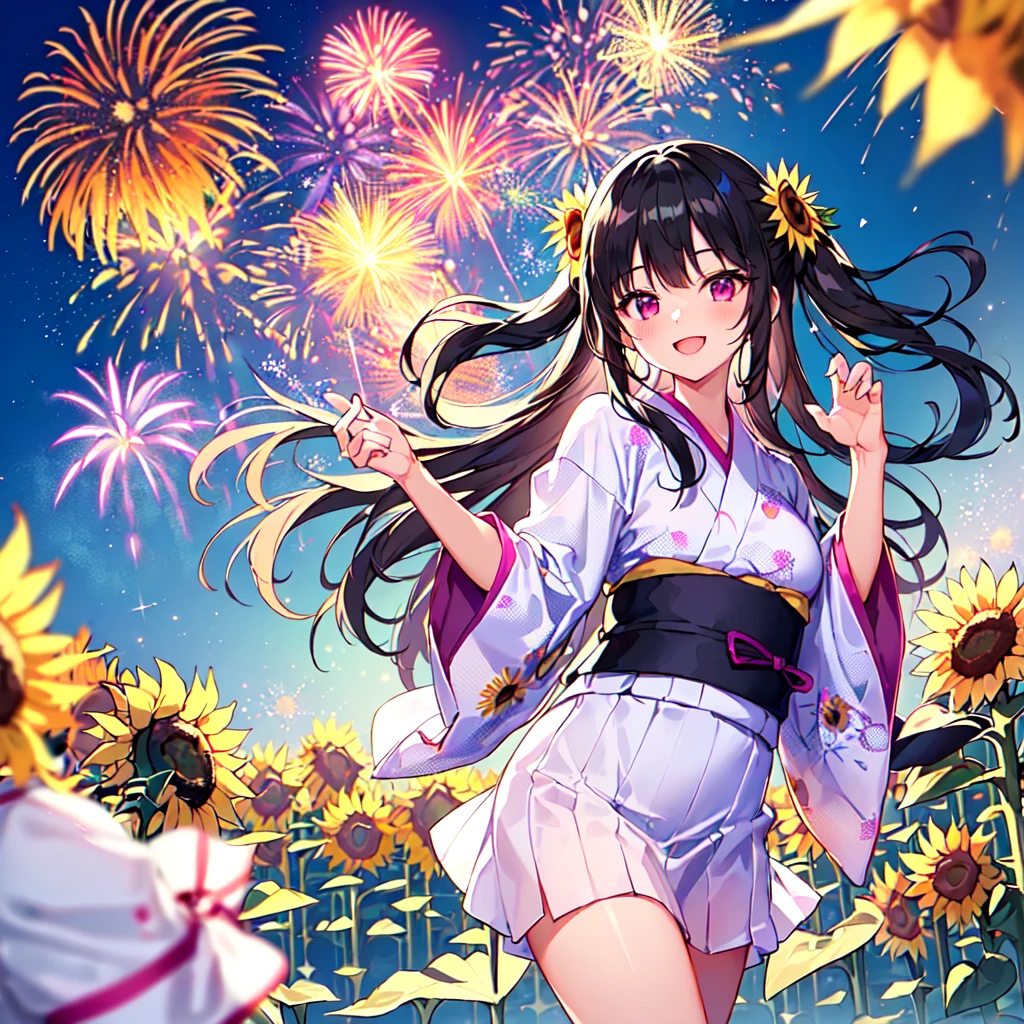 masterpiece, best quality, high quality, extremely detailed, very delicate and beautiful, (1 female 18 years old solo:1.5), (long black hair up to waist with two side up:1.5), bangs to eyebrows, eyes Eyebrows are glossy, (eye color: magenta:1.3), 6.5 head height, (yukata with fireworks print: 1.3), knee socks, lace, frills, (smiling), (standing: 1.3), (smiling), (dynamic pose), (background sunflower field: 1.3), (night with lots of fireworks: 1.3)