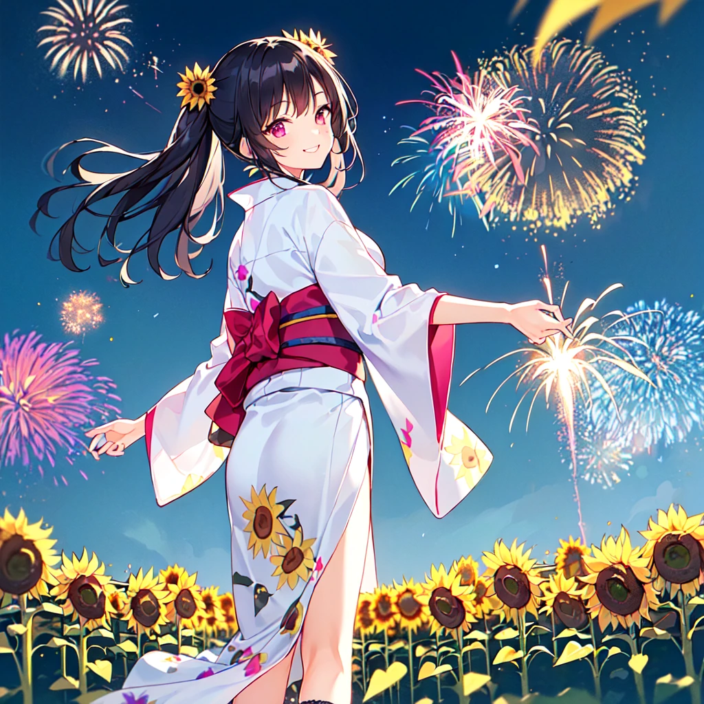 masterpiece, best quality, high quality, extremely detailed, very delicate and beautiful, (1 female 18 years old solo:1.5), (long black hair up to waist with two side up:1.5), bangs to eyebrows, eyes Eyebrows are glossy, (eye color: magenta:1.3), 6.5 head height, (yukata with fireworks print: 1.3), knee socks, lace, frills, (smiling), (standing: 1.3), (smiling), (dynamic pose), (background sunflower field: 1.3), (night with lots of fireworks: 1.3)