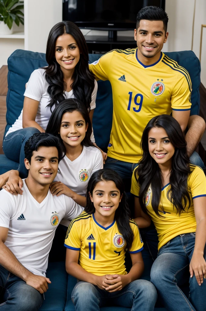 family with the Colombian national team shirt watching television with the woman match, man, emily girl, anthony boy black hair