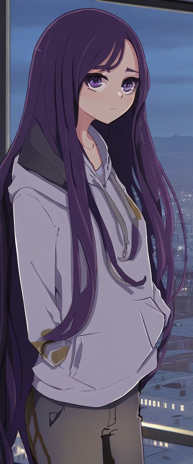 (masterpiece:1.37), best quality, (extremely detailed:1.37), (1girl:1.5), woman, (mature:1.5), (adult:1.5), large breasts, very long hair, (straight hair:1.5), (very dark purple hair:1.5), purple eyes, (extremely detailed eyes:1.37), hoodie, jeans, desperation, (wetting self:2.0), standing, embarrassed, humiliation, blushing, angry, (crossed arms:1.5), office, indoors, window, cityscape, full body