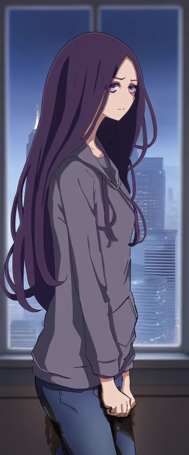 (masterpiece:1.37), best quality, (extremely detailed:1.37), (1girl:1.5), woman, (mature:1.5), (adult:1.5), large breasts, very long hair, (straight hair:1.5), (very dark purple hair:1.5), purple eyes, (extremely detailed eyes:1.37), hoodie, jeans, desperation, (wetting self:2.0), standing, embarrassed, humiliation, blushing, angry, (crossed arms:1.5), office, indoors, window, cityscape, full body