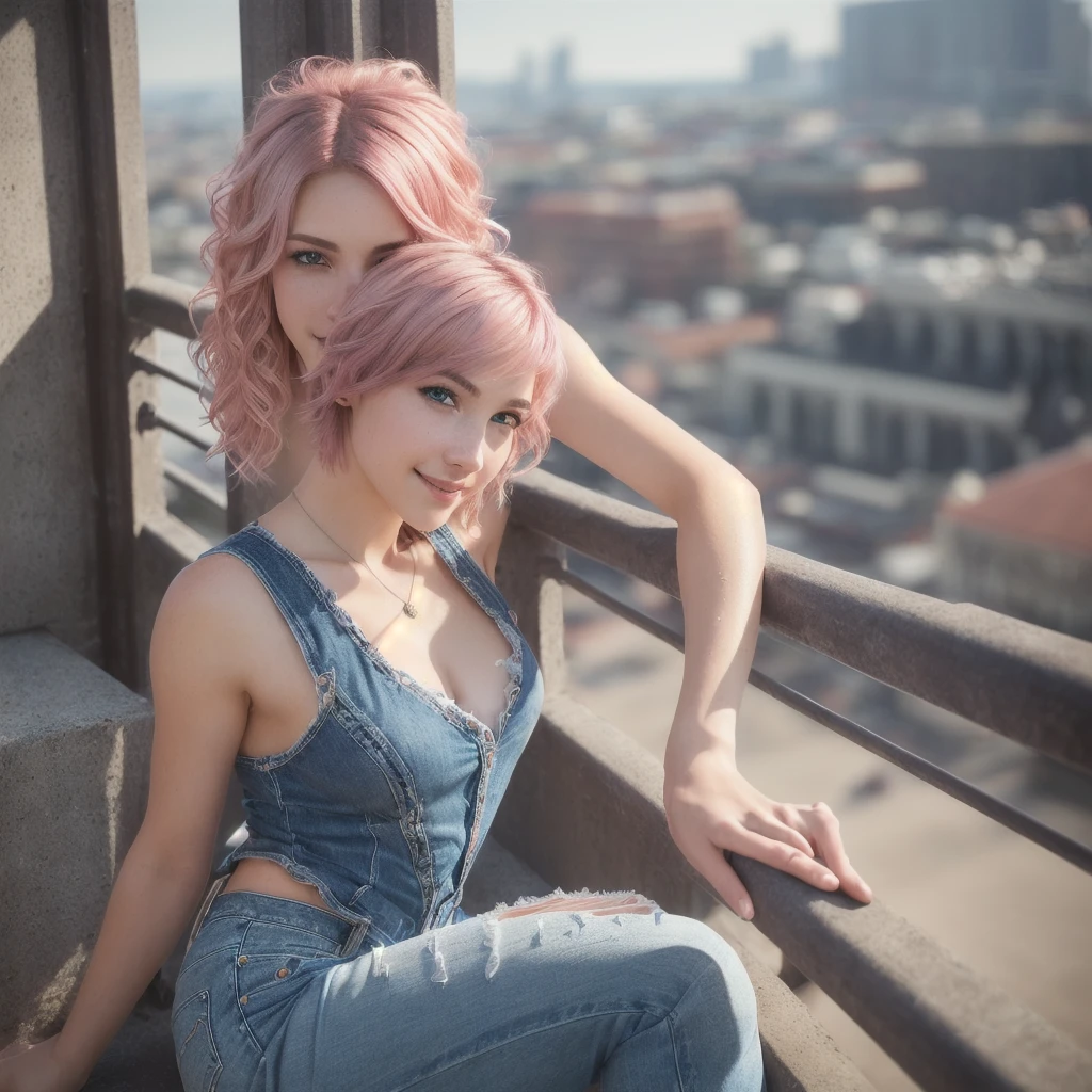 (RAW, analogue, Nikon Z 14mm ultra-wide angle lens, award-winning glamour photograph, ((best quality)), ((masterpiece)), ((realistic)), skin pores, subsurface scattering, radiant light rays, high-res, detailed facial features, high detail, sharp focus, smooth, aesthetic, extremely detailed, (extremely detailed eyes, extremely detailed iris), extremely detailed hair, extremely detailed skin, extremely detailed clothes, octane render, photorealistic, realistic, post-processing, max detail, realistic shadows, roughness, natural skin texture, real life, ultra-realistic, photorealism, photography, 8k UHD, photography, hdr, intricate, elegant, highly detailed, sharp focus, stunning, beautiful, gorgeous), (masterpiece:1.2, best quality1:1, ultra-detailed:1.2, best shadow, 8k:1.1), (massive city:1.3, rooftop:1.1, city structures below, handrails), (contrasting background, bright background), (beautiful detailed face), high contrast, (perfect illumination:1.2, beautiful color, delicate color), ((cinematic light)), colorful, hyper detail, dramatic light, intricate details, (1 girl, solo, pink hair, smiling face, short hair, wavy hair:1.1, blue eyes, dynamic angle, white tanktop, jeans, cowboy shot, arms down), depth of field