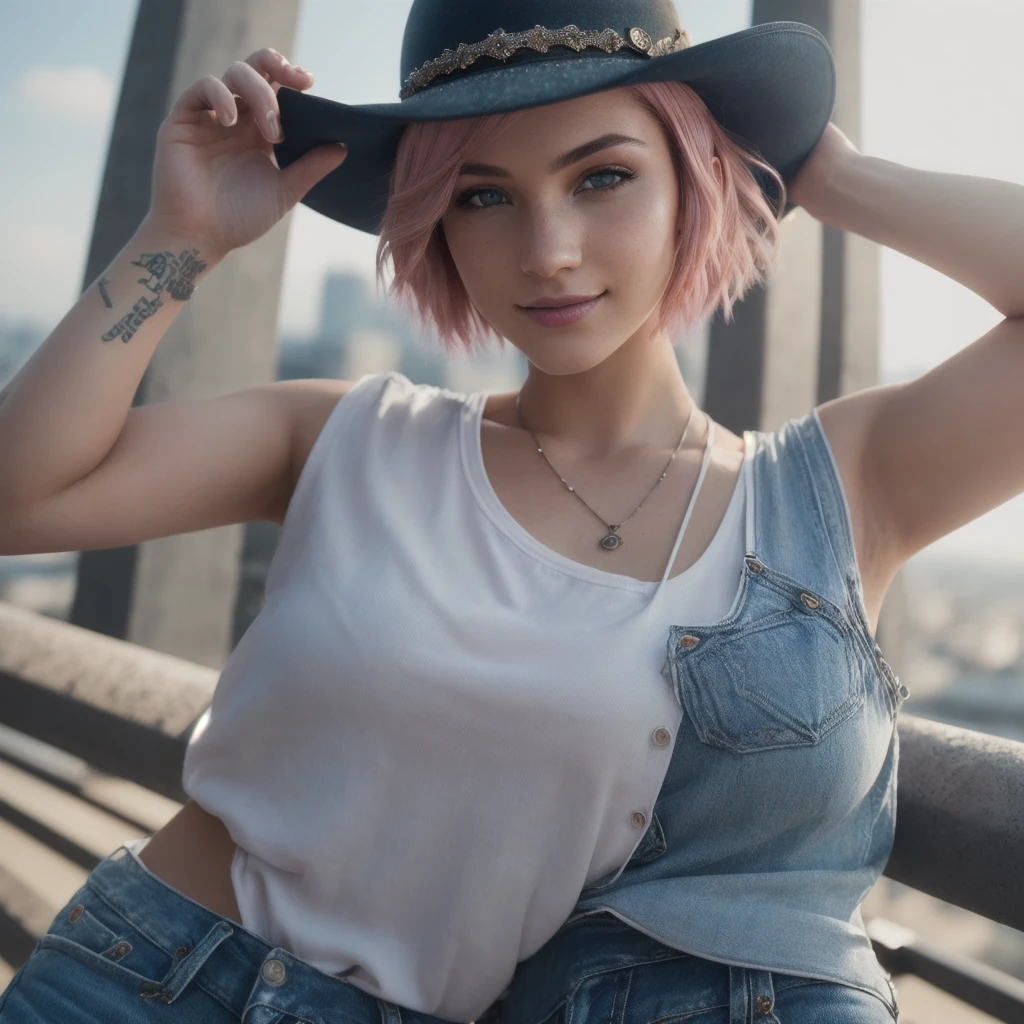 (RAW, analogue, Nikon Z 14mm ultra-wide angle lens, award-winning glamour photograph, ((best quality)), ((masterpiece)), ((realistic)), skin pores, subsurface scattering, radiant light rays, high-res, detailed facial features, high detail, sharp focus, smooth, aesthetic, extremely detailed, (extremely detailed eyes, extremely detailed iris), extremely detailed hair, extremely detailed skin, extremely detailed clothes, octane render, photorealistic, realistic, post-processing, max detail, realistic shadows, roughness, natural skin texture, real life, ultra-realistic, photorealism, photography, 8k UHD, photography, hdr, intricate, elegant, highly detailed, sharp focus, stunning, beautiful, gorgeous), (masterpiece:1.2, best quality1:1, ultra-detailed:1.2, best shadow, 8k:1.1), (massive city:1.3, rooftop:1.1, city structures below, handrails), (contrasting background, bright background), (beautiful detailed face), high contrast, (perfect illumination:1.2, beautiful color, delicate color), ((cinematic light)), colorful, hyper detail, dramatic light, intricate details, (1 girl, solo, pink hair, smiling face, short hair, wavy hair:1.1, blue eyes, dynamic angle, white tanktop, jeans, cowboy shot, arms down), depth of field