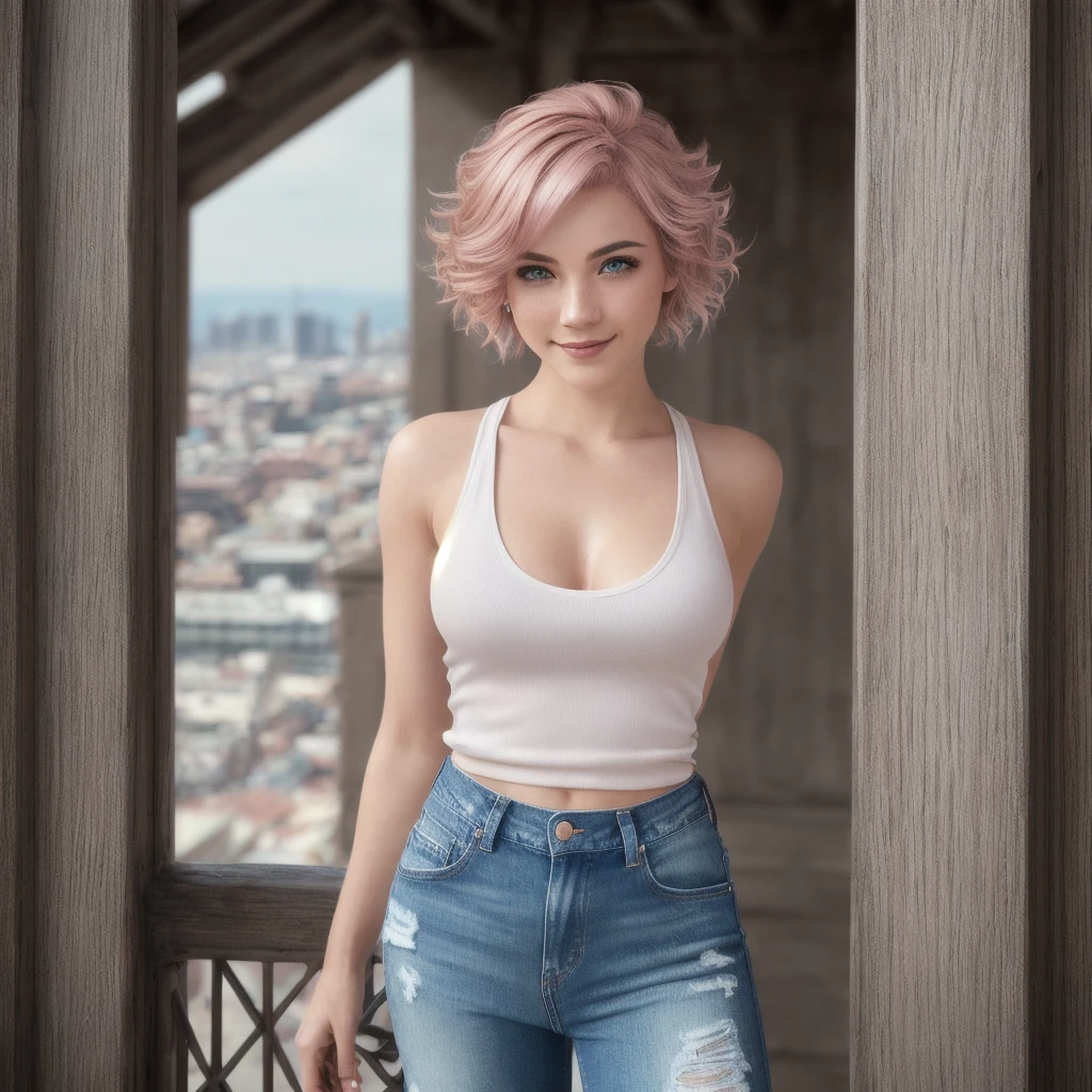 (RAW, analogue, Nikon Z 14mm ultra-wide angle lens, award-winning glamour photograph, ((best quality)), ((masterpiece)), ((realistic)), skin pores, subsurface scattering, radiant light rays, high-res, detailed facial features, high detail, sharp focus, smooth, aesthetic, extremely detailed, (extremely detailed eyes, extremely detailed iris), extremely detailed hair, extremely detailed skin, extremely detailed clothes, octane render, photorealistic, realistic, post-processing, max detail, realistic shadows, roughness, natural skin texture, real life, ultra-realistic, photorealism, photography, 8k UHD, photography, hdr, intricate, elegant, highly detailed, sharp focus, stunning, beautiful, gorgeous), (masterpiece:1.2, best quality1:1, ultra-detailed:1.2, best shadow, 8k:1.1), (massive city:1.3, rooftop:1.1, city structures below, handrails), (contrasting background, bright background), (beautiful detailed face), high contrast, (perfect illumination:1.2, beautiful color, delicate color), ((cinematic light)), colorful, hyper detail, dramatic light, intricate details, (1 girl, solo, pink hair, smiling face, short hair, wavy hair:1.1, blue eyes, dynamic angle, white tanktop, jeans, cowboy shot, arms down), depth of field
