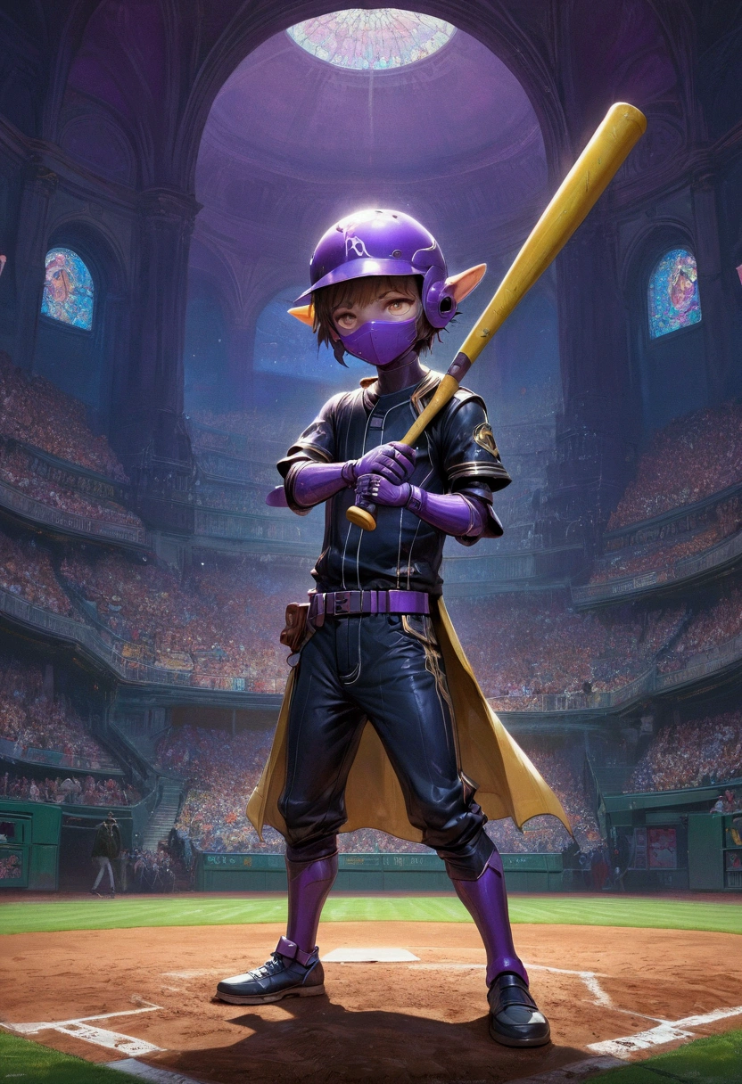 1boy, baseball player, batting stance, (alien dressed as a baseball player, batting) a masterpiece, 8k resolution, dark fantasy concept art, by Greg Rutkowski, dynamic lighting, hyperdetailed, intricately detailed, Splash screen art, trending on Artstation, deep color, Unreal Engine, volumetric lighting, Alphonse Mucha, Jordan Grimmer, purple and yellow complementary colours, masterpiece, best quality, very aesthetic, absurdres