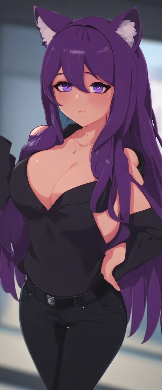 (masterpiece:1.37), best quality, (extremely detailed:1.37), (1girl:1.5), woman, (mature:1.5), (adult:1.5), large breasts, very long hair, (straight hair:1.5), (very dark purple hair:1.5), purple eyes, (extremely detailed eyes:1.37), hoodie, jeans, desperation, (wetting self:2.0), standing, embarrassed, humiliation, blushing, angry, (crossed arms:1.5), office, indoors, window, cityscape, full body