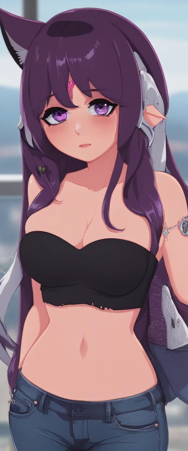 (masterpiece:1.37), best quality, (extremely detailed:1.37), (1girl:1.5), woman, (mature:1.5), (adult:1.5), large breasts, very long hair, (straight hair:1.5), (very dark purple hair:1.5), purple eyes, (extremely detailed eyes:1.37), hoodie, jeans, desperation, (wetting self:2.0), standing, embarrassed, humiliation, blushing, angry, (crossed arms:1.5), office, indoors, window, cityscape, full body