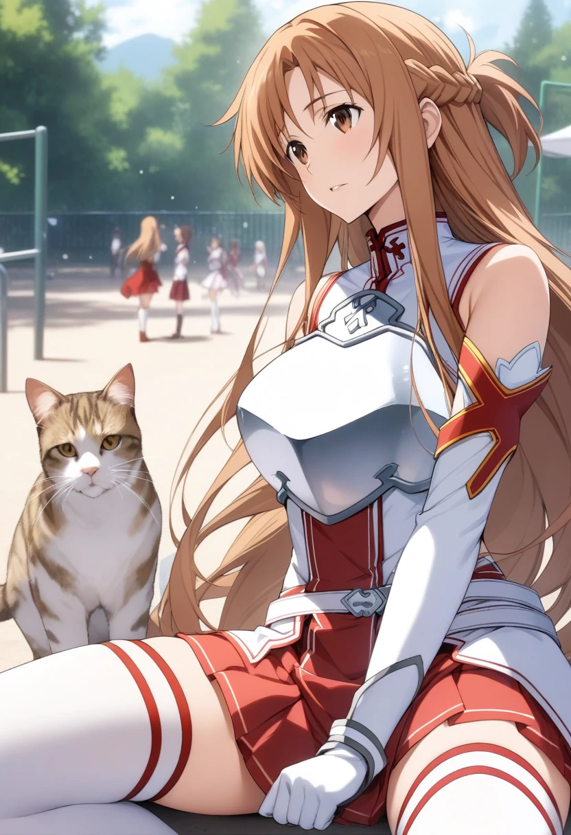 masterpiece, best quality, very aesthetic, absurdres, 1girl, mature_lady, looking at cat, big cat lying on her head,upper body,looking up,,asuna_(sao), sword_art_online, brown_eyes, brown_hair, long_hair, very_long_hair, braid, french_braid,armor, armored_dress, breastplate, white_armor, belt, white_belt, dress, white_dress, detached_sleeves, elbow_gloves, gloves, sleeveless, sleeveless_dress, miniskirt, pleated_skirt, red_skirt, skirt, thighhighs, white_thighhighs, zettai_ryouiki,,in a playground,floating_hair