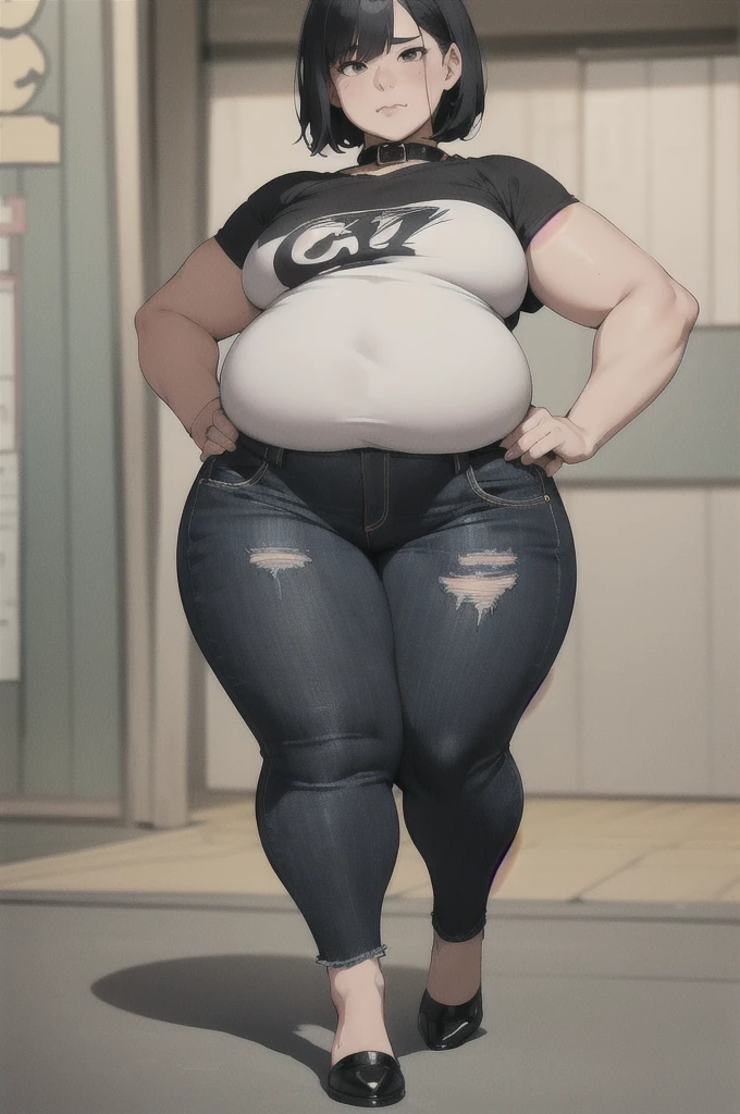 Full body, A body as thick as a man's, Solo, Realistic, Sexy Asian face, scornful eyes, Swollen face, Ripped black denim pants, Japanese face, Legs focus, Moderately fat body type+, 1 woman, mature woman++, age 32, wide shoulder, short sleeve T-shirt, Black Denim pants, thick tights, short hair, Collar cropped hair, cardigan, adult woman, Game company programmer, Short legs, Long upper body, Thick waist++, low rise black denim pants, ((Small breasts and fat and short leg)), Muchimuchi body, ugly nerd face