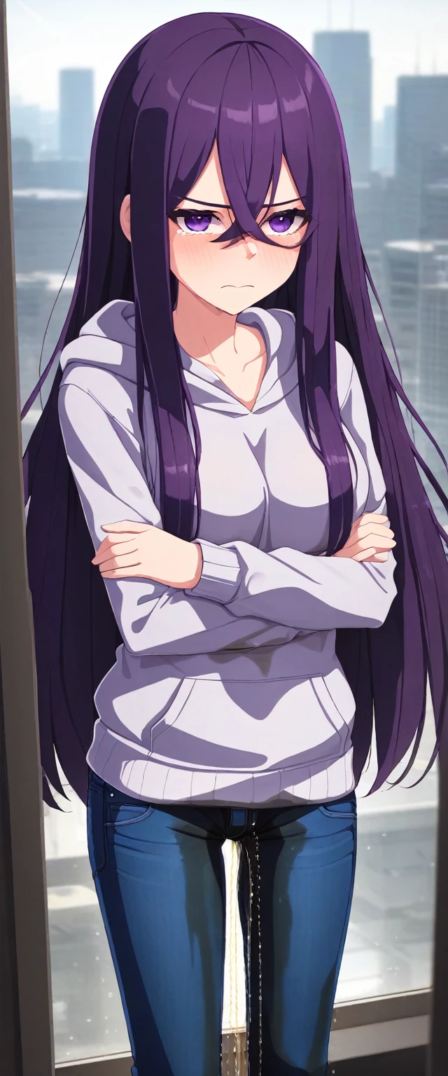 (masterpiece:1.37), best quality, (extremely detailed:1.37), (1girl:1.5), woman, (mature:1.5), (adult:1.5), large breasts, very long hair, (straight hair:1.5), (very dark purple hair:1.5), purple eyes, (extremely detailed eyes:1.37), hoodie, jeans, desperation, (wetting self:2.0), standing, embarrassed, humiliation, blushing, angry, (crossed arms:1.5), office, indoors, window, cityscape, full body