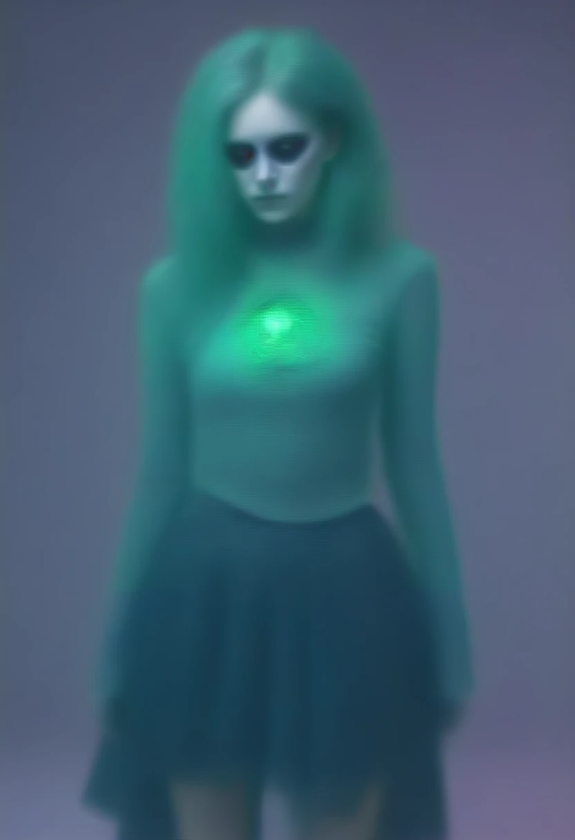 details Intricate, A cousin of Odel Schwanck:1.2, hair green, skull, torn garments, below the chest, overskirt, fancy, swirly vibrant colors, ethereal lighting,hand behind head, 8K, 4D.