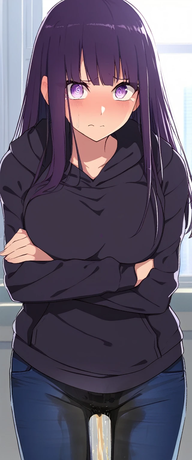 (masterpiece:1.37), best quality, (extremely detailed:1.37), (1girl:1.5), woman, (mature:1.5), (adult:1.5), large breasts, very long hair, (straight hair:1.5), (very dark purple hair:1.5), purple eyes, (extremely detailed eyes:1.37), hoodie, jeans, desperation, (wetting self:2.0), standing, embarrassed, humiliation, blushing, angry, (crossed arms:1.5), office, indoors, window, cityscape, full body