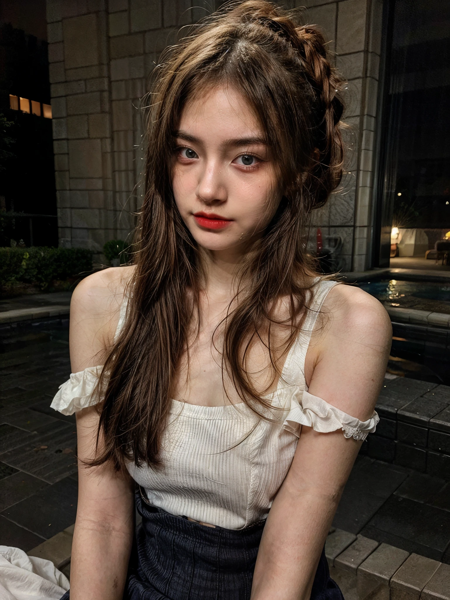 (best quality,hyper-realistic,ultra-detailed,8k), teenager, fifteen years old, shy, asian girl, paleness, big blue eyes, very white skin, small nose, very short brown hair with bangs, melancholy, delicate, feminine, skinny, straddle in bed, short ponytails hairstyle, wearing  costum, open leg, fountain, brilliant colors, sexy red lips.