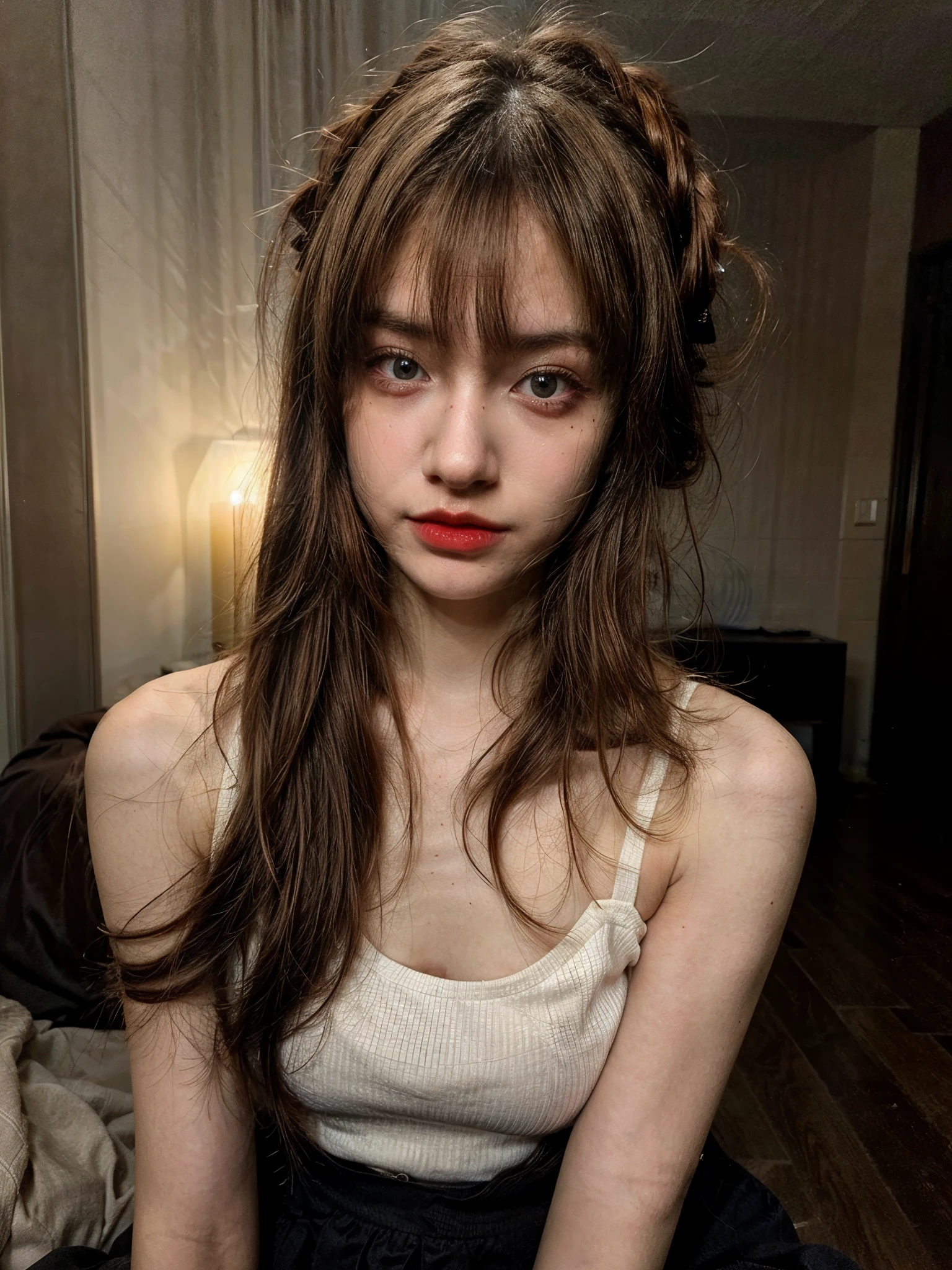 (best quality,hyper-realistic,ultra-detailed,8k), teenager, , shy, asian girl, paleness, big blue eyes, very white skin, small nose, very short brown hair with bangs, melancholy, delicate, feminine, skinny, straddle in bed, short ponytails hairstyle, wearing  costum, open leg, fountain, brilliant colors, sexy red lips.