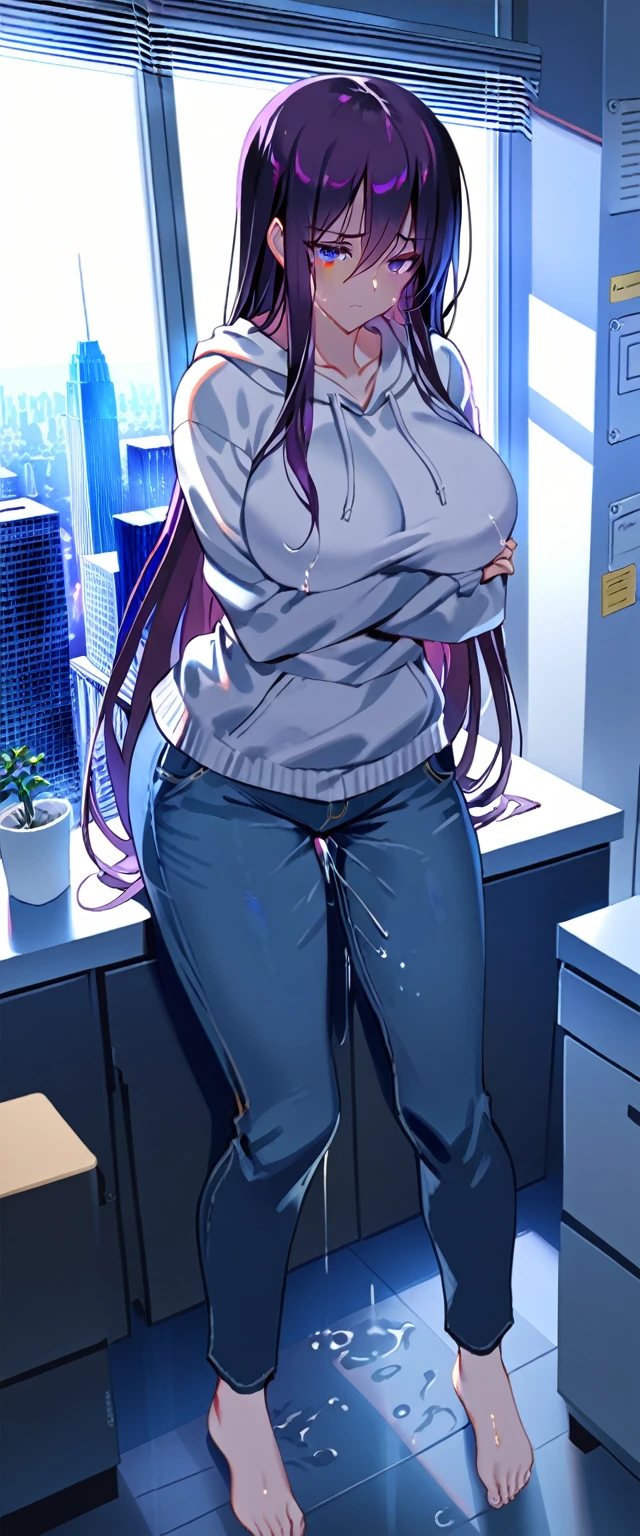 (masterpiece:1.37), best quality, (extremely detailed:1.37), (1girl:1.5), woman, (mature:1.5), (adult:1.5), large breasts, very long hair, (straight hair:1.5), (very dark purple hair:1.5), purple eyes, (extremely detailed eyes:1.37), hoodie, jeans, desperation, (wetting self:2.0), standing, embarrassed, humiliation, blushing, angry, (crossed arms:1.5), office, indoors, window, cityscape, full body