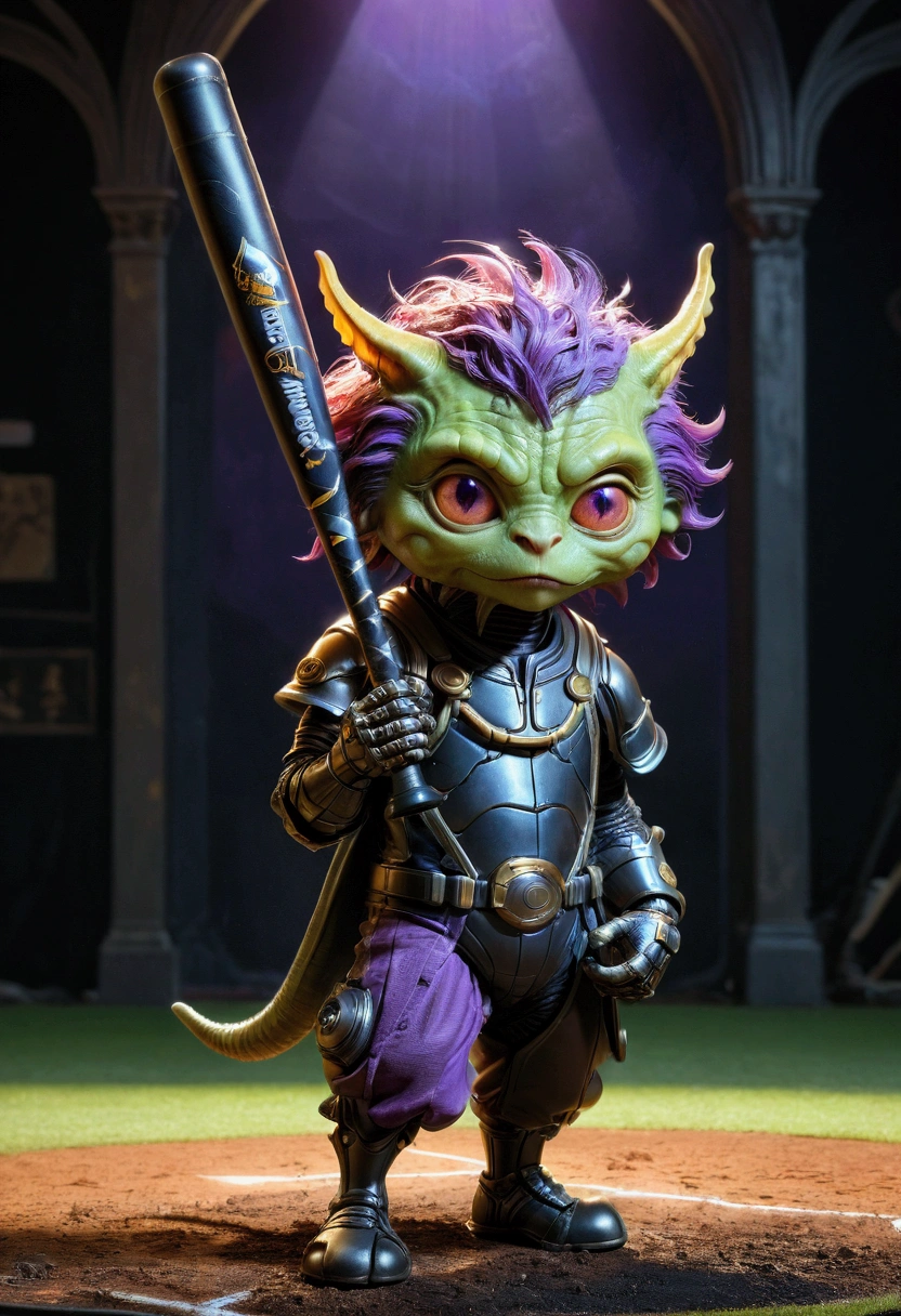 1boy, baseball player, batting stance, (alien dressed as a baseball player, batting) a masterpiece, 8k resolution, dark fantasy concept art, by Greg Rutkowski, dynamic lighting, hyperdetailed, intricately detailed, Splash screen art, trending on Artstation, deep color, Unreal Engine, volumetric lighting, Alphonse Mucha, Jordan Grimmer, purple and yellow complementary colours, masterpiece, best quality, very aesthetic, absurdres