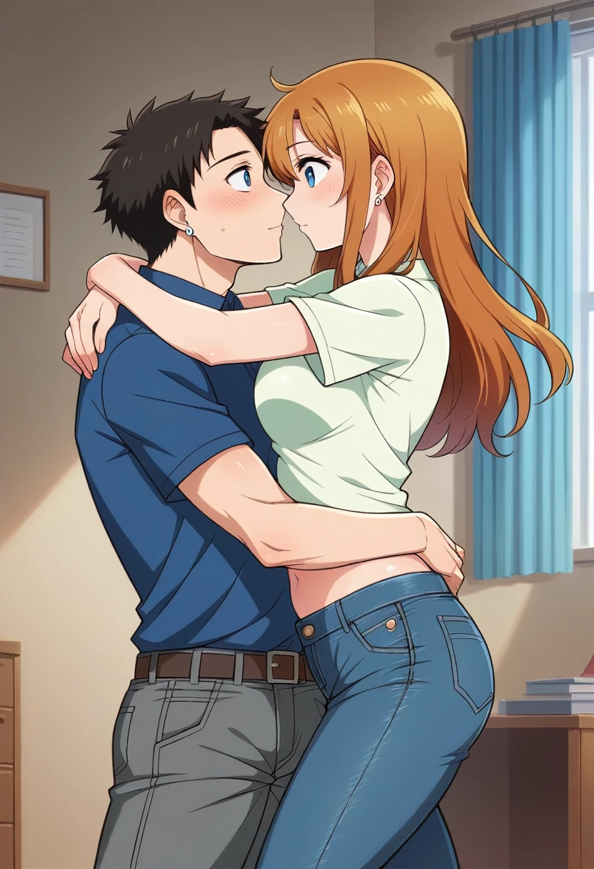 (Masterpiece, Best Quality, High Quality), professional artwork, Ghibli artstyle, Intricate Details,(((a tall boy and a girl looking at each other))),eye contact,Kousaka honoka, room, earring, t-shirt, midriff peek, denim pants, facing each other, after kiss, curvy hip, blue eyes,breasts press ,hug